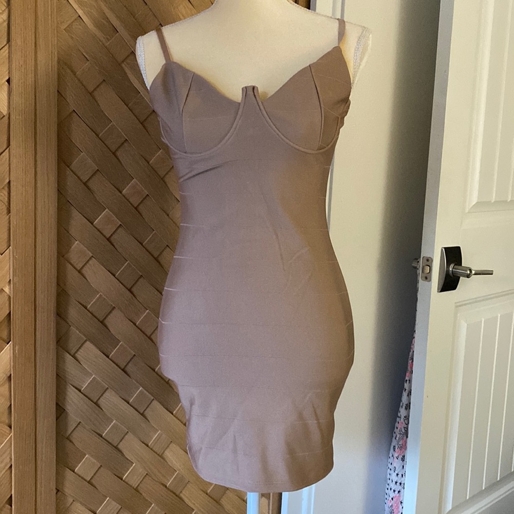 BRAND NEW WITH TAGS TAN BANDAGE DRESS